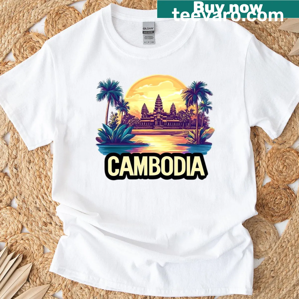 T-shirt depicting Angkor Wat temple at sunrise with reflection — on a men's t-shirt