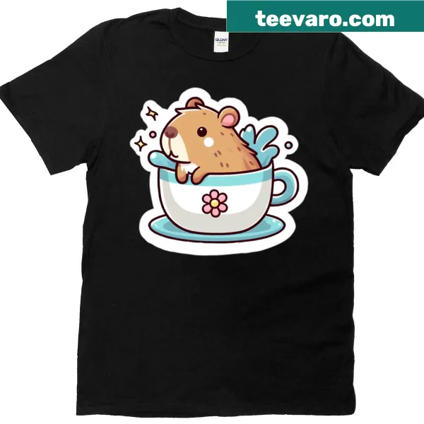 Charming T-shirt featuring a capybara in a teacup illustration