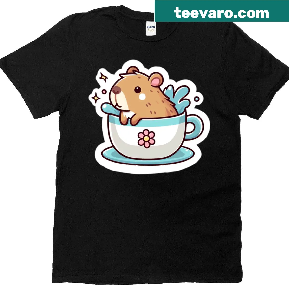Charming T-shirt featuring a capybara in a teacup illustration — on a men's t-shirt