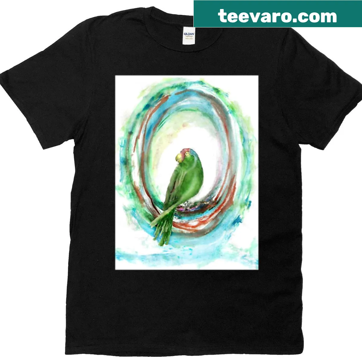 Artistic T-shirt featuring Carrot the Parrot illustration — on a men's t-shirt