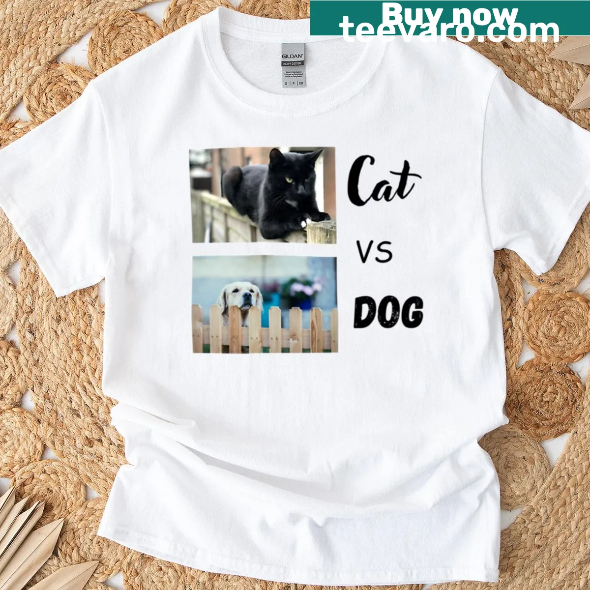 Playful 'Cat Vs Dog' graphic with fence theme — on a men's t-shirt