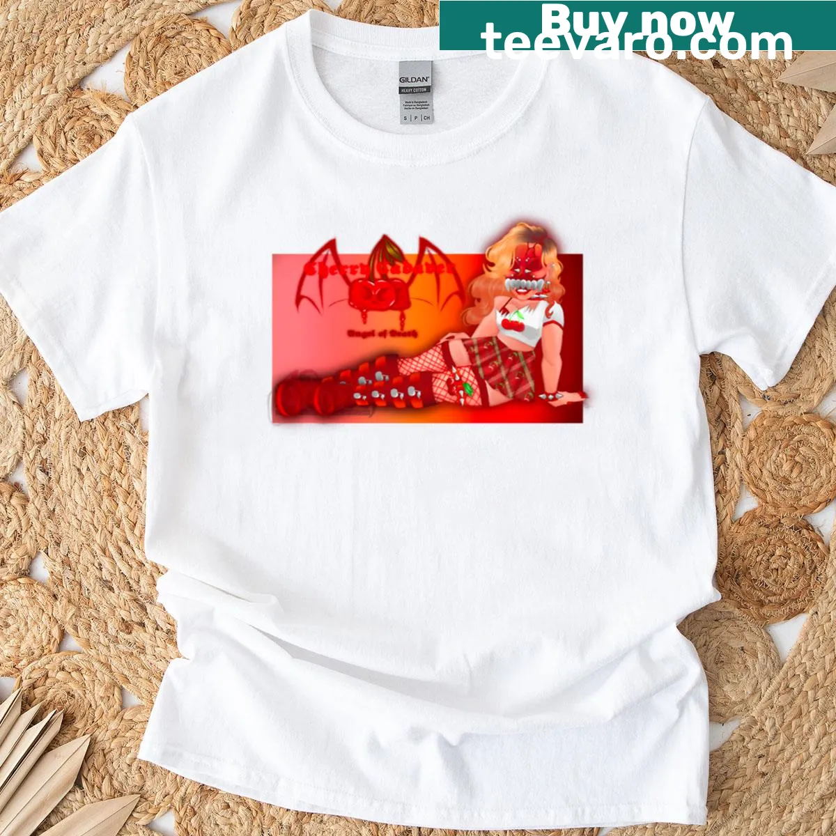 Whimsical illustration of a cadaver with cherries, merging horror and playfulness — on a men's t-shirt