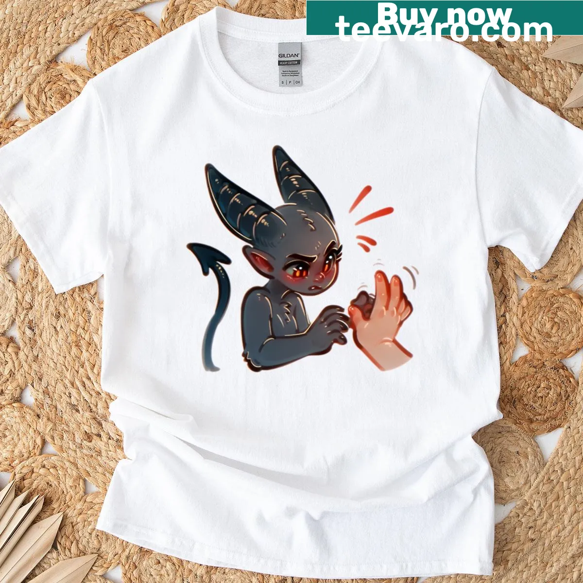 Cute chibi demon with a concerned expression in a cartoon style — on a men's t-shirt