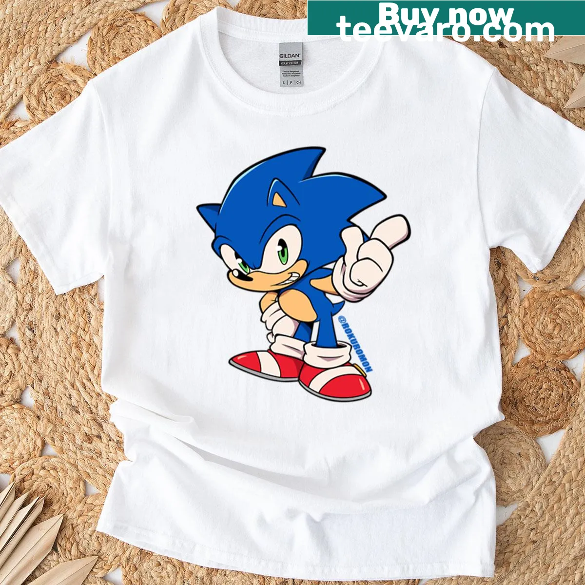 Chibi Sonic t-shirt featuring a cute, oversized Sonic character illustration. — on a men's t-shirt