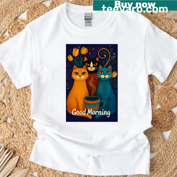 Cute cat T-shirt featuring a good morning graphic