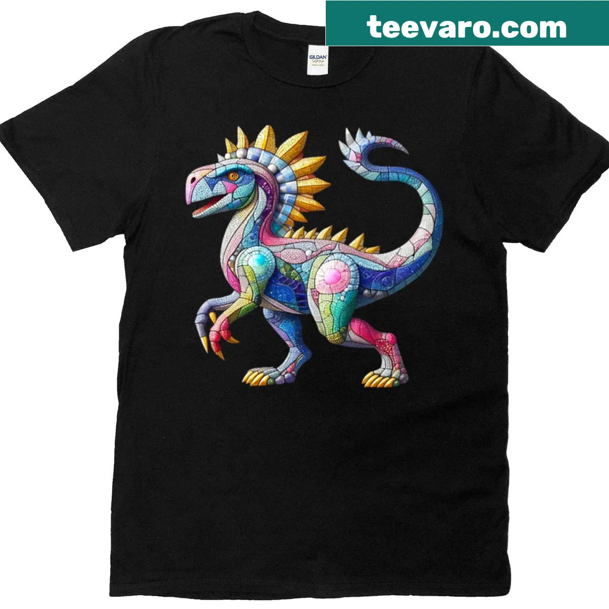 Mosaic dinosaur illustration on a T-shirt, showcasing creative details. — on a men's t-shirt