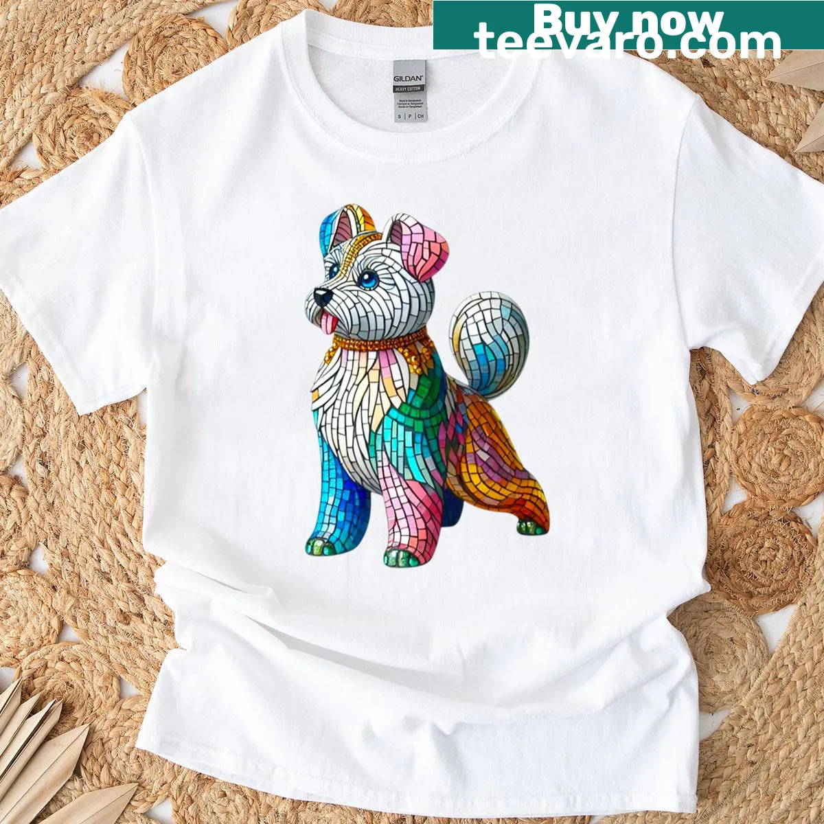 Mosaic art print T-shirt featuring a dog design — on a men's t-shirt