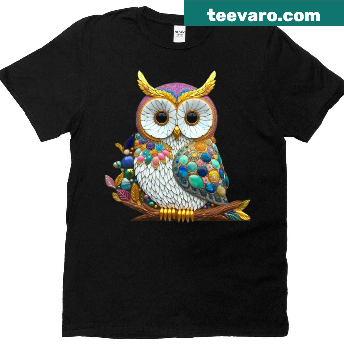 Mosaic owl illustration on a T-shirt, showcasing artistic details. — on a men's t-shirt