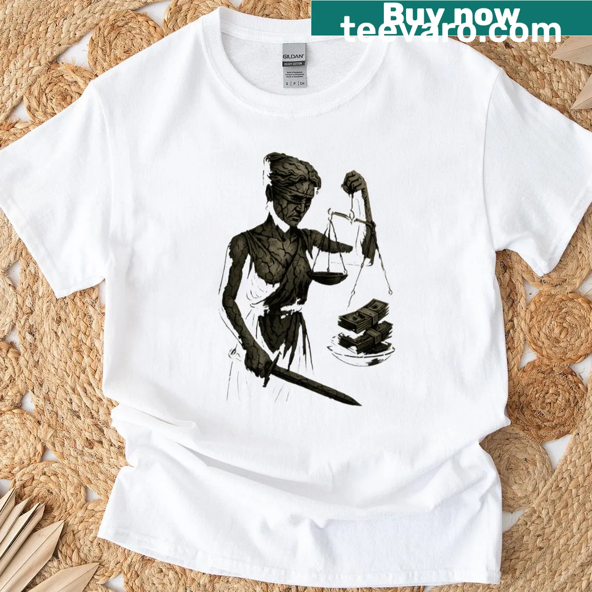 T-shirt featuring an abstract graphic representing corrupted balance — on a men's t-shirt