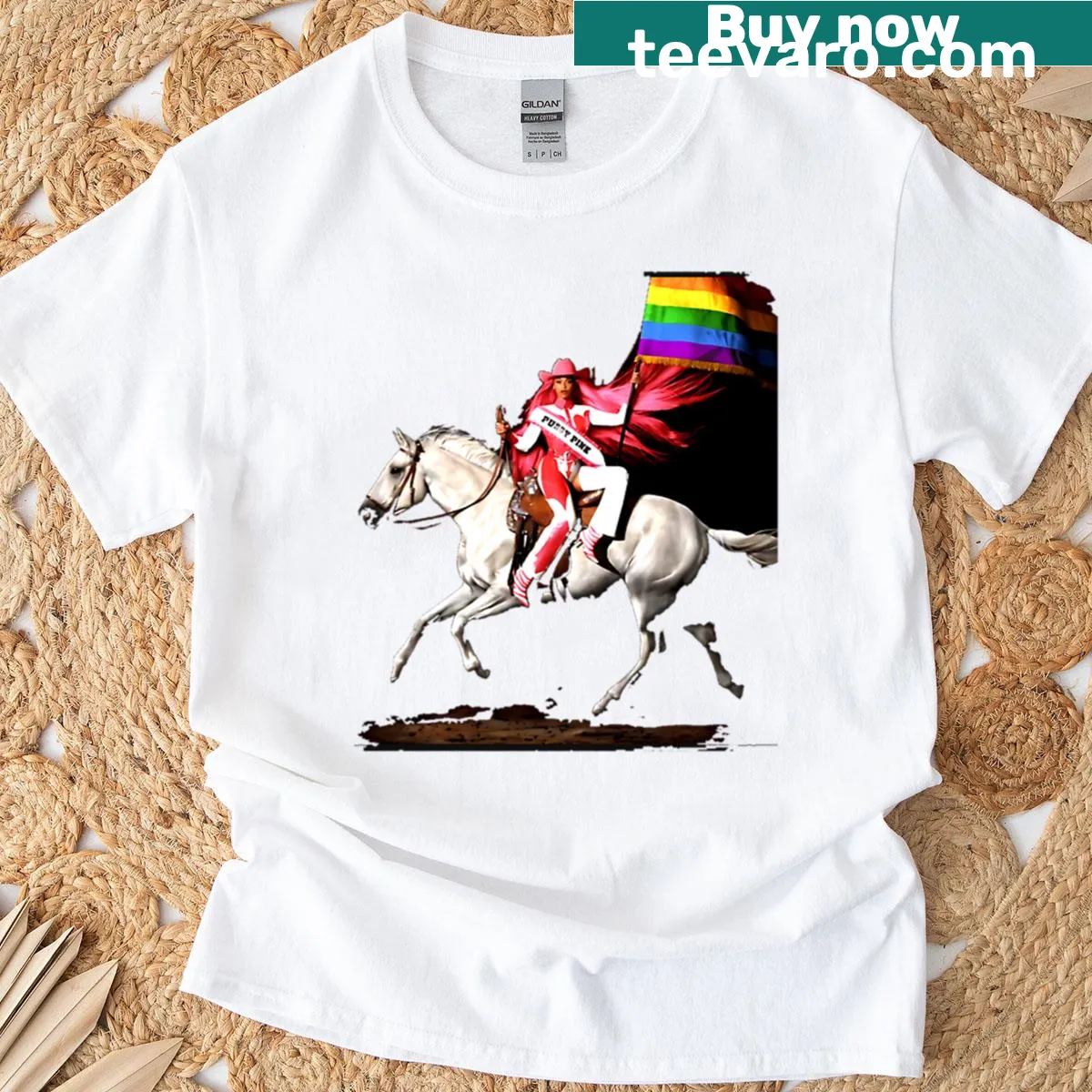 Cartoon graphic of Cowboy Carter and Beyoncé — on a men's t-shirt