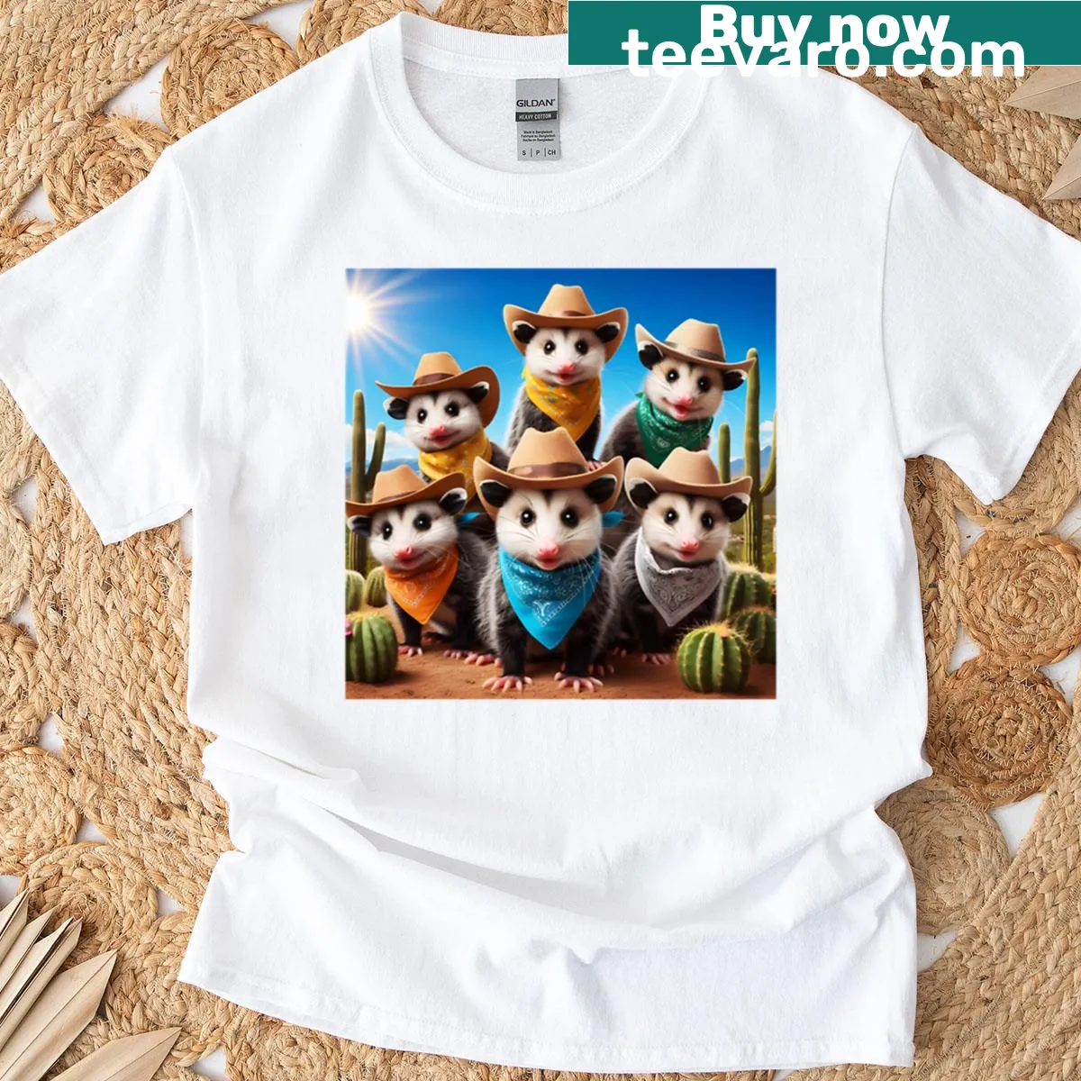 T-shirt featuring a group of cowboy possums in the desert — on a men's t-shirt