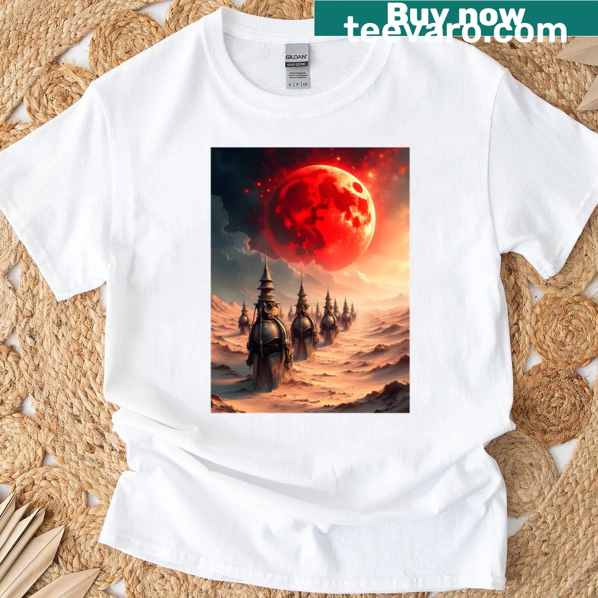 T-shirt featuring armored titans under a crimson eclipse — on a men's t-shirt