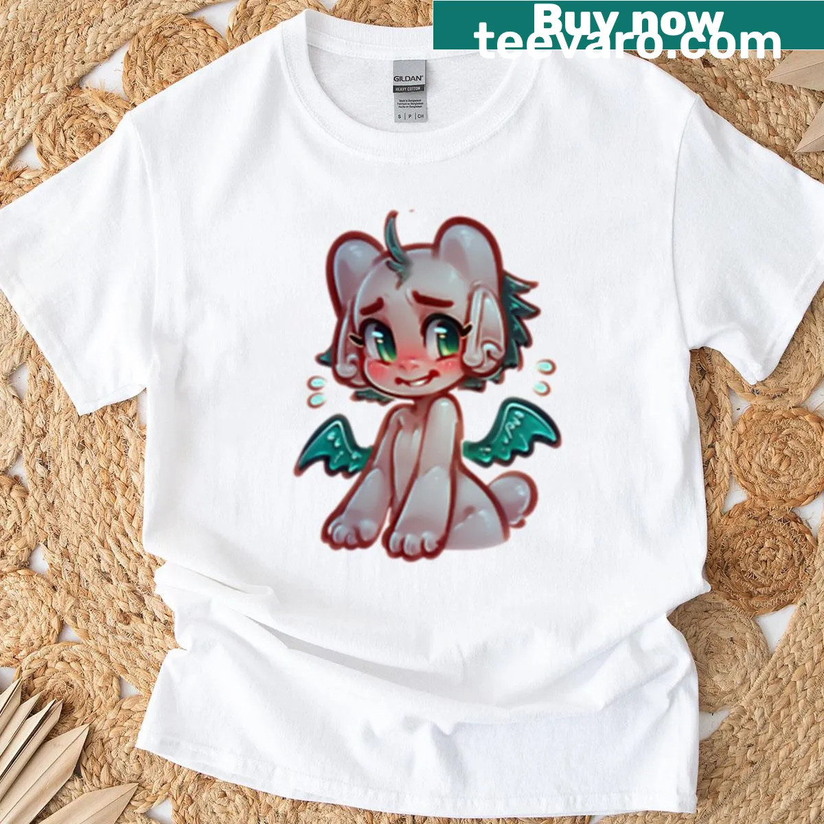 Kawaii chibi art of a cute dragon cat creature — on a men's t-shirt