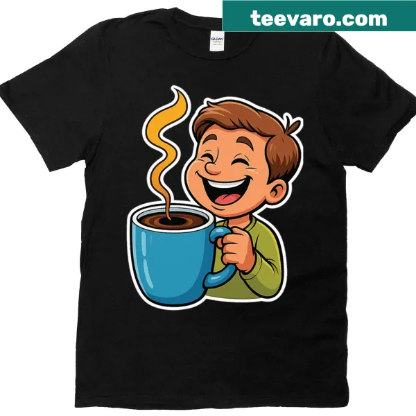 Cartoon boy holding a coffee mug on a T-shirt