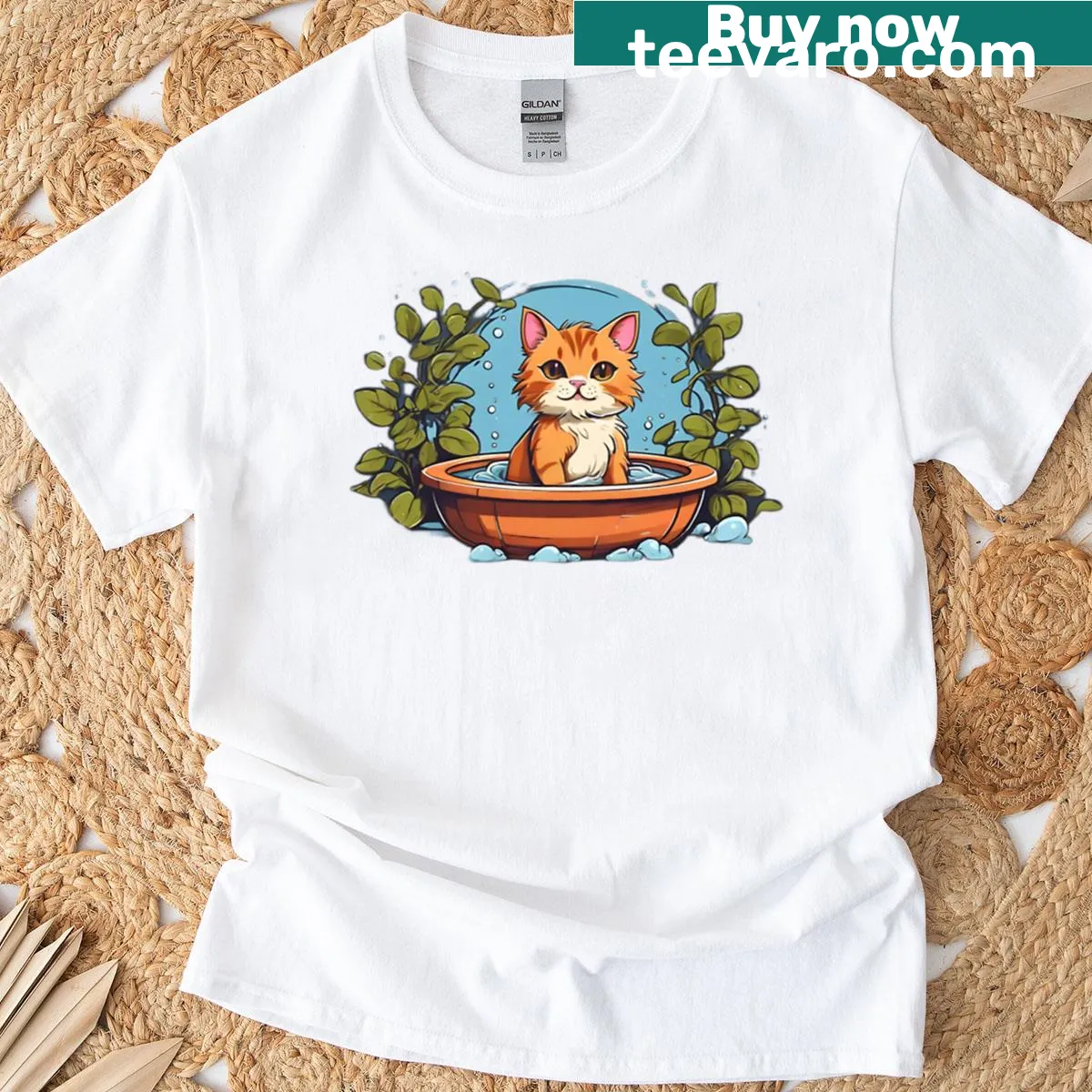 Illustration of a cute cat relaxing in a jacuzzi — on a men's t-shirt