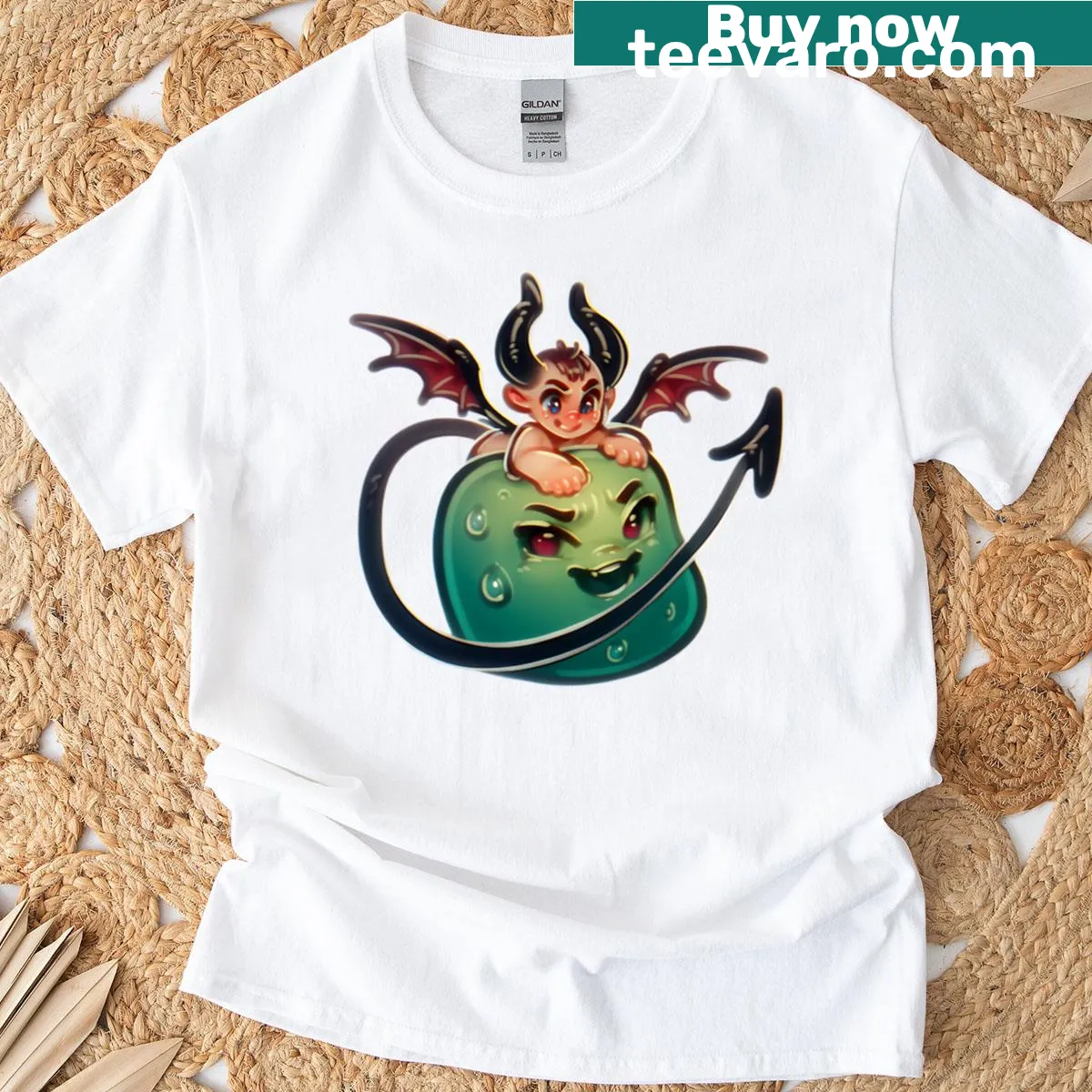 Cute chibi demon baby riding a slime monster on a T-shirt — on a men's t-shirt