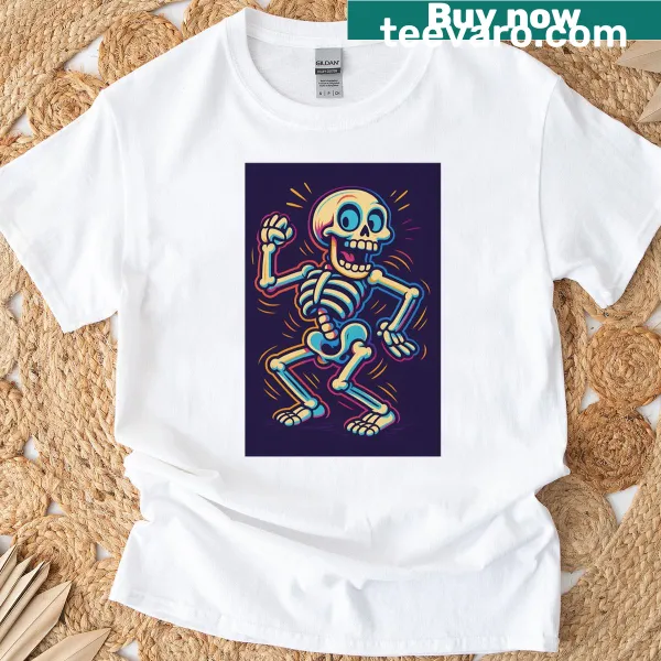 T-shirt featuring a cartoon dancing skeleton design