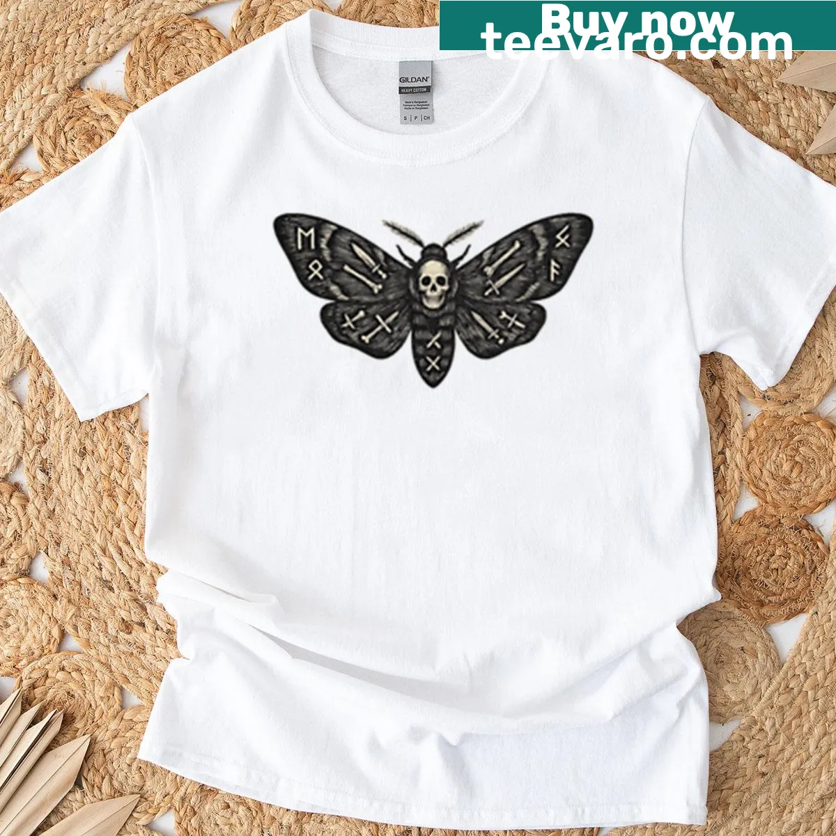 Illustration of a Deaths Head Moth T-shirt featuring a bold skull design — on a men's t-shirt