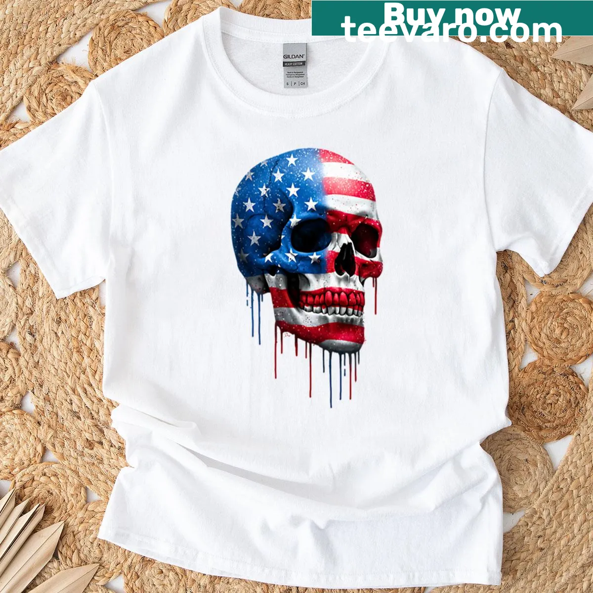 T-shirt featuring a decorative skull design with American flag motifs — on a men's t-shirt