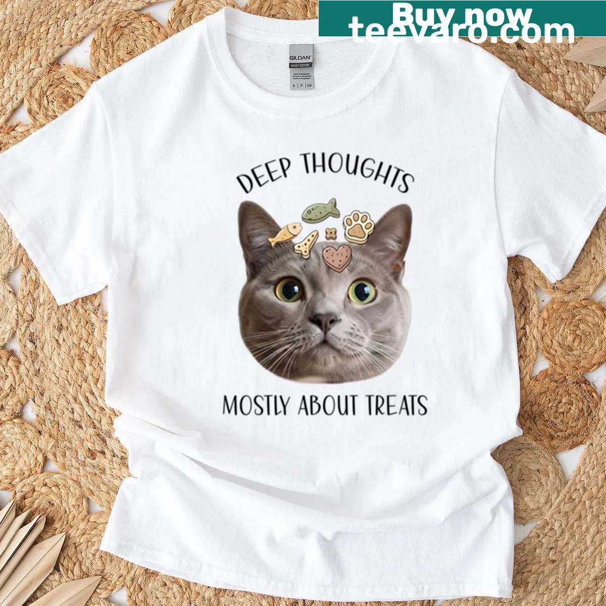 Cute cat illustration deep in thought about treats on T-shirt — on a men's t-shirt