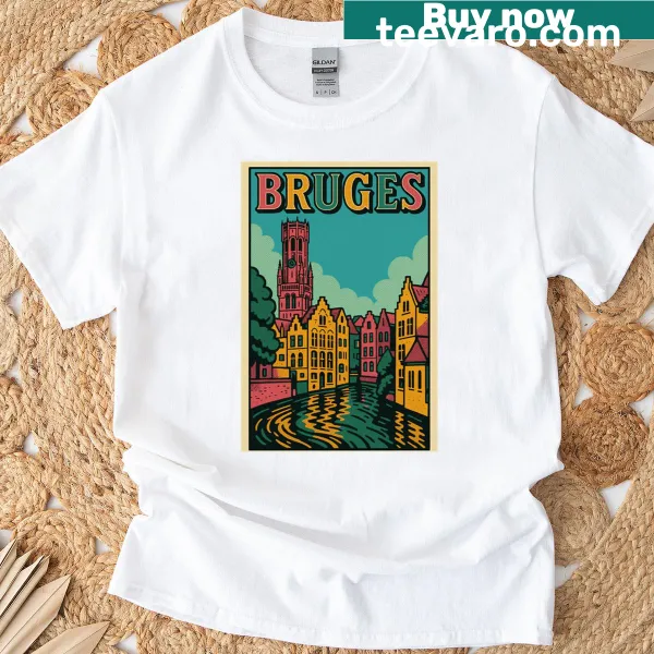 Retro pop art of Bruges cityscape on a travel T-shirt