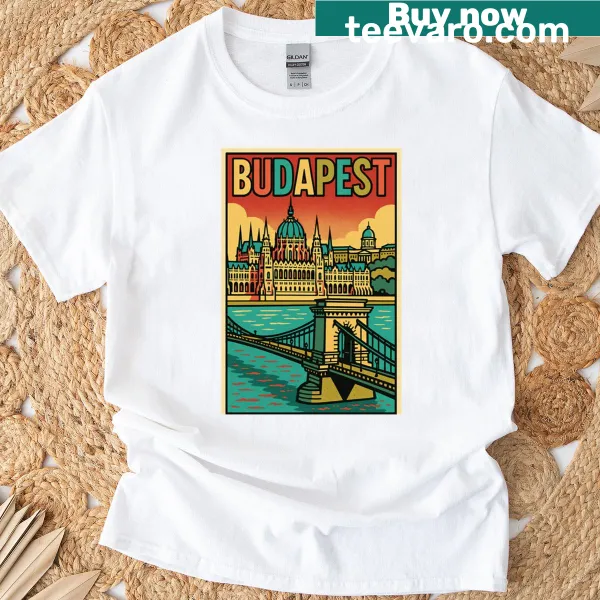 Retro pop art t-shirt featuring Budapest cityscape