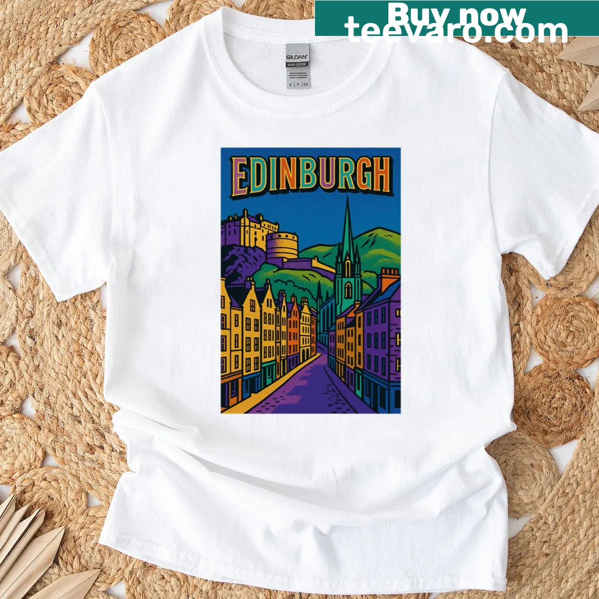 Retro pop art travel poster T-shirt featuring Edinburgh cityscape illustration — on a men's t-shirt