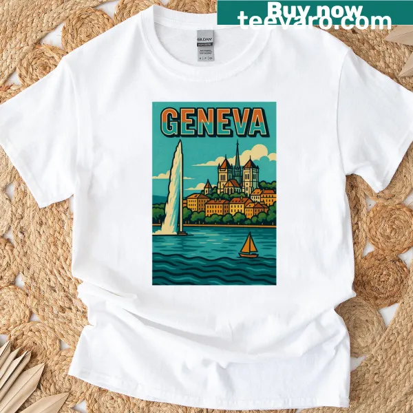 Retro pop art t-shirt featuring Geneva cityscape