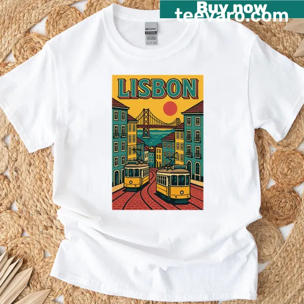 Vintage-inspired Lisbon cityscape illustration on t-shirt