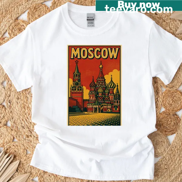 Retro pop art T-shirt depicting a Moscow cityscape illustration