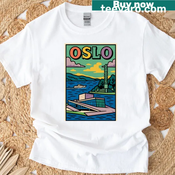 Retro pop art T-shirt featuring an Oslo cityscape illustration