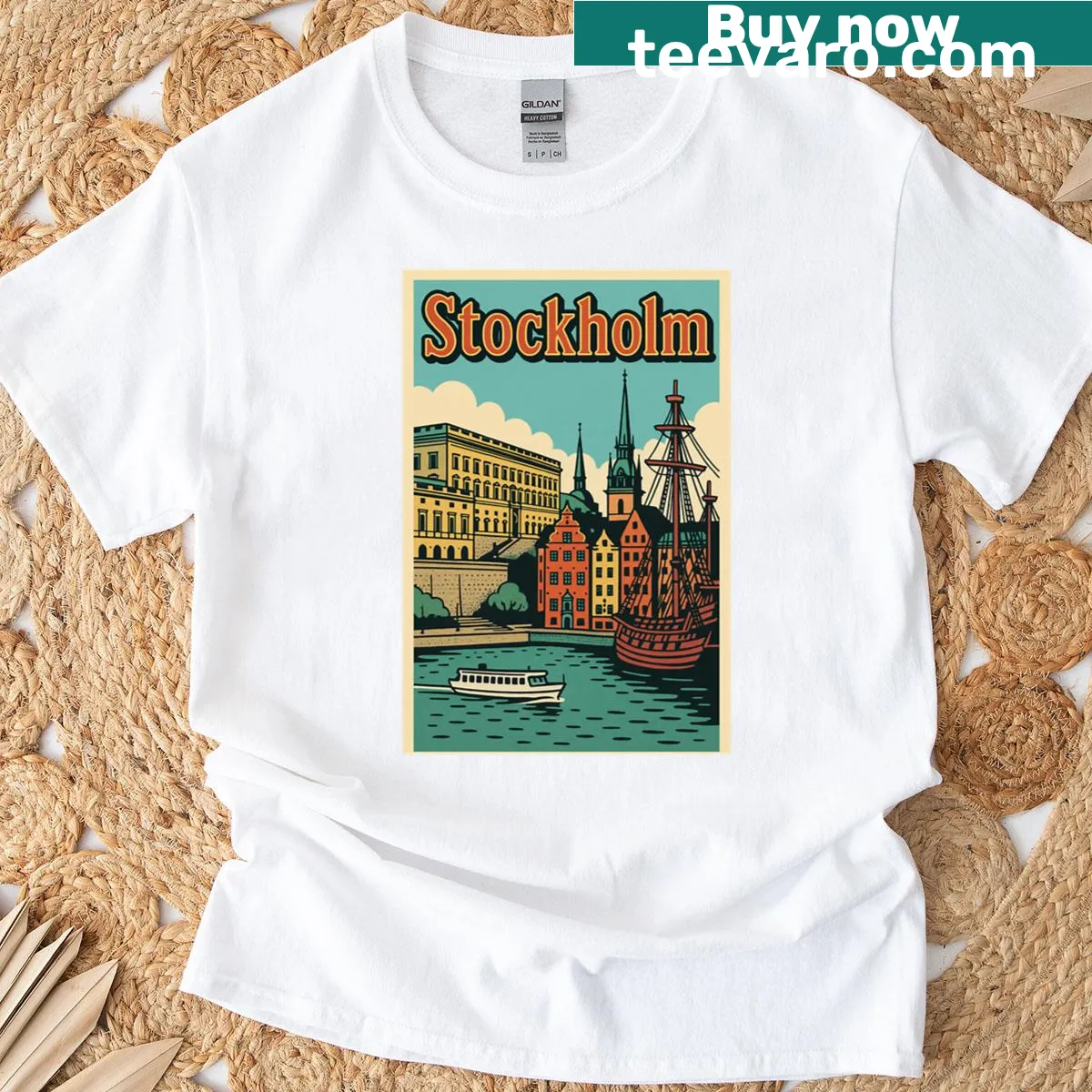 Retro pop art Stockholm cityscape T-shirt with vintage design — on a men's t-shirt