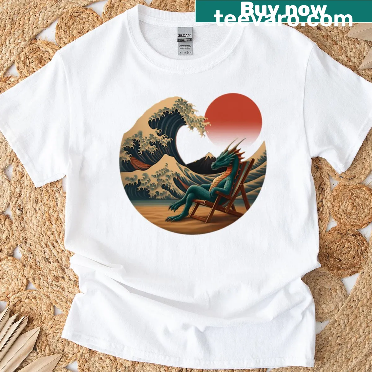 Illustrated T-shirt with dragons and a wave retreat design — on a men's t-shirt