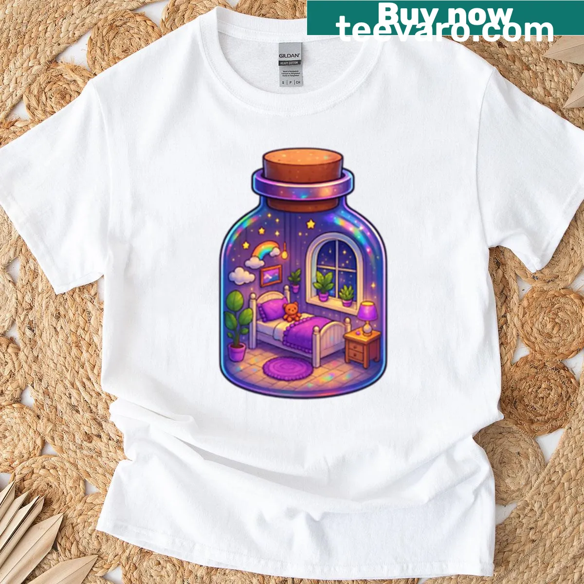 Illustrated T-shirt showing a dreamy bedroom inside a jar — on a men's t-shirt