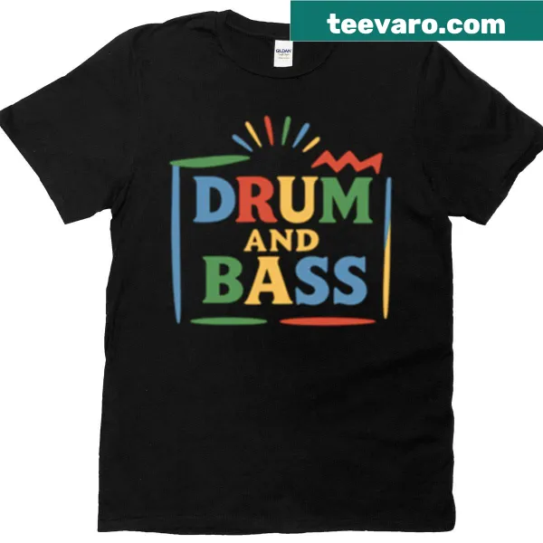 T-shirt featuring a vibrant drum and bass fun house graphic