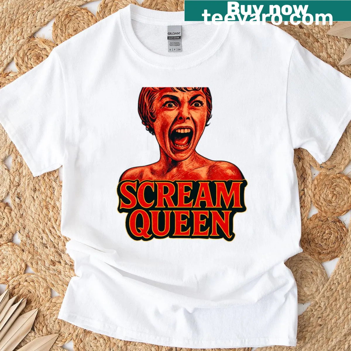 Horror-themed T-shirt honoring iconic scream queens in cinema. — on a men's t-shirt