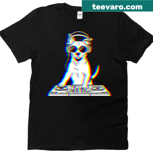 Illustration of a DJ Dog mixing tracks in a fun, playful design on a T-shirt