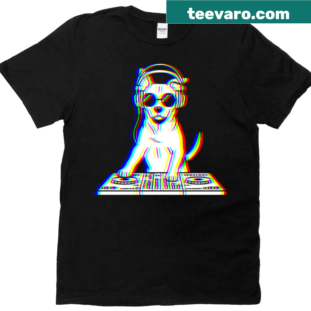 Illustration of a DJ Dog mixing tracks in a fun, playful design on a T-shirt — on a men's t-shirt