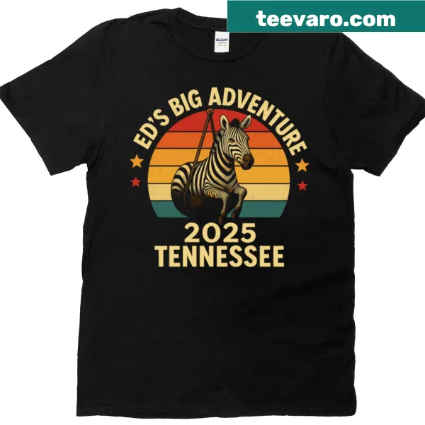 T-shirt featuring an illustration of Ed the Zebra in a playful adventure theme
