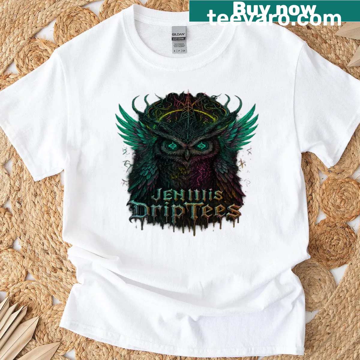 Mystical T-shirt featuring an electric owl in a ritualistic design. — on a men's t-shirt