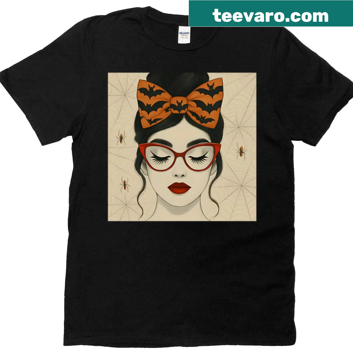 Chic Halloween t-shirt with bats, spider webs, and a bow design — on a men's t-shirt