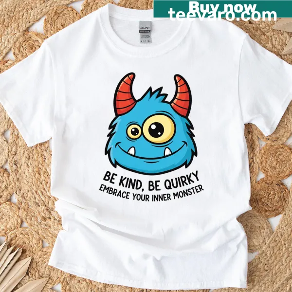 Playful cartoon monster graphic on T-shirt encouraging fun expression