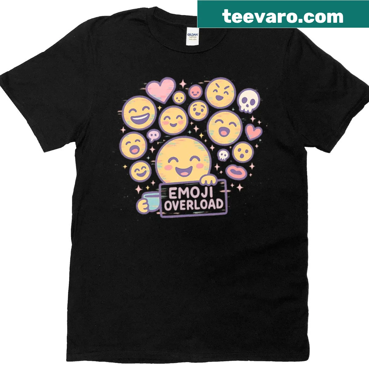 T-shirt covered in cartoon emojis creating a cute and playful design — on a men's t-shirt