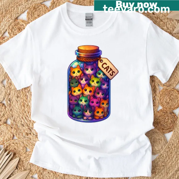 Whimsical jar filled with cartoon cats illustrated on T-shirt