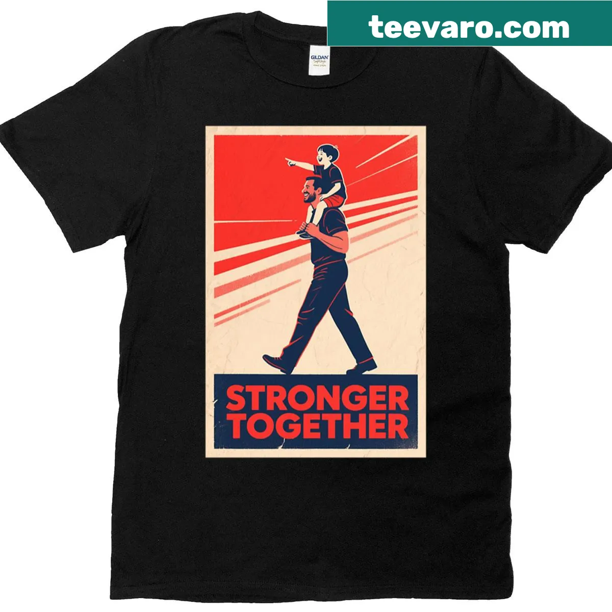 Graphic of father and child in a vintage propaganda style with a strong message — on a men's t-shirt