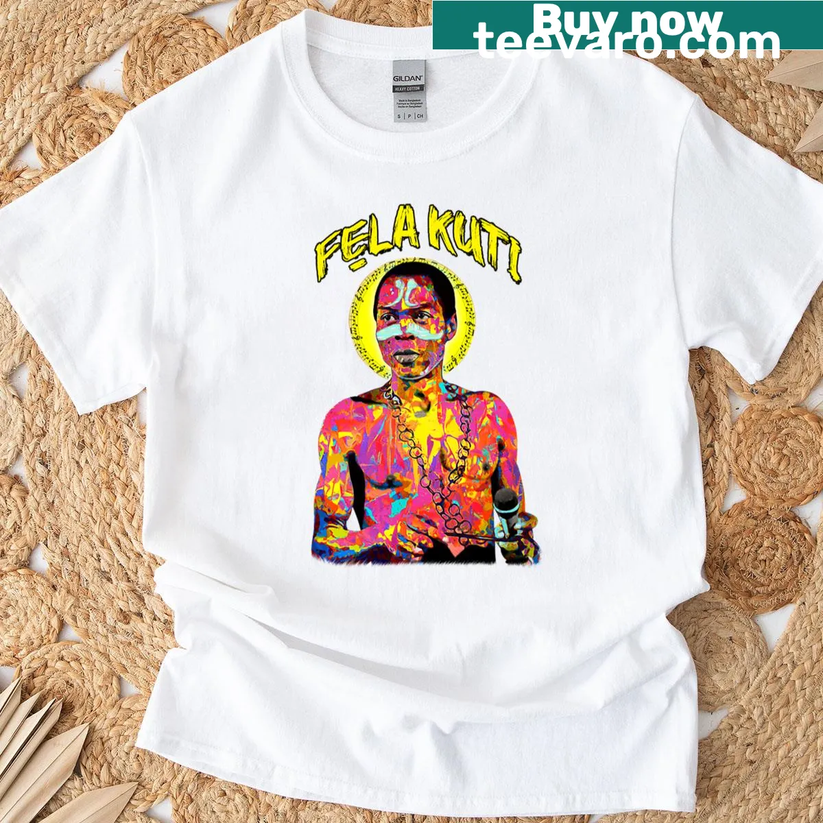 Artistic T-shirt featuring tribute to Fela Kuti — on a men's t-shirt
