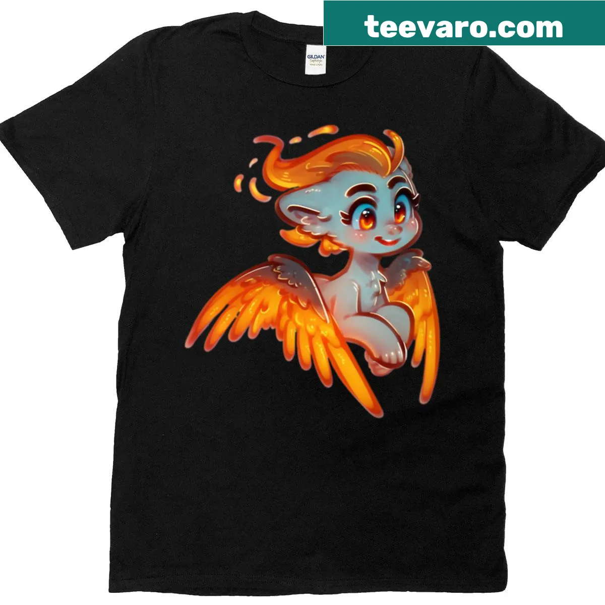 Fantasy art T-shirt featuring a cute chibi creature with fiery wings — on a men's t-shirt