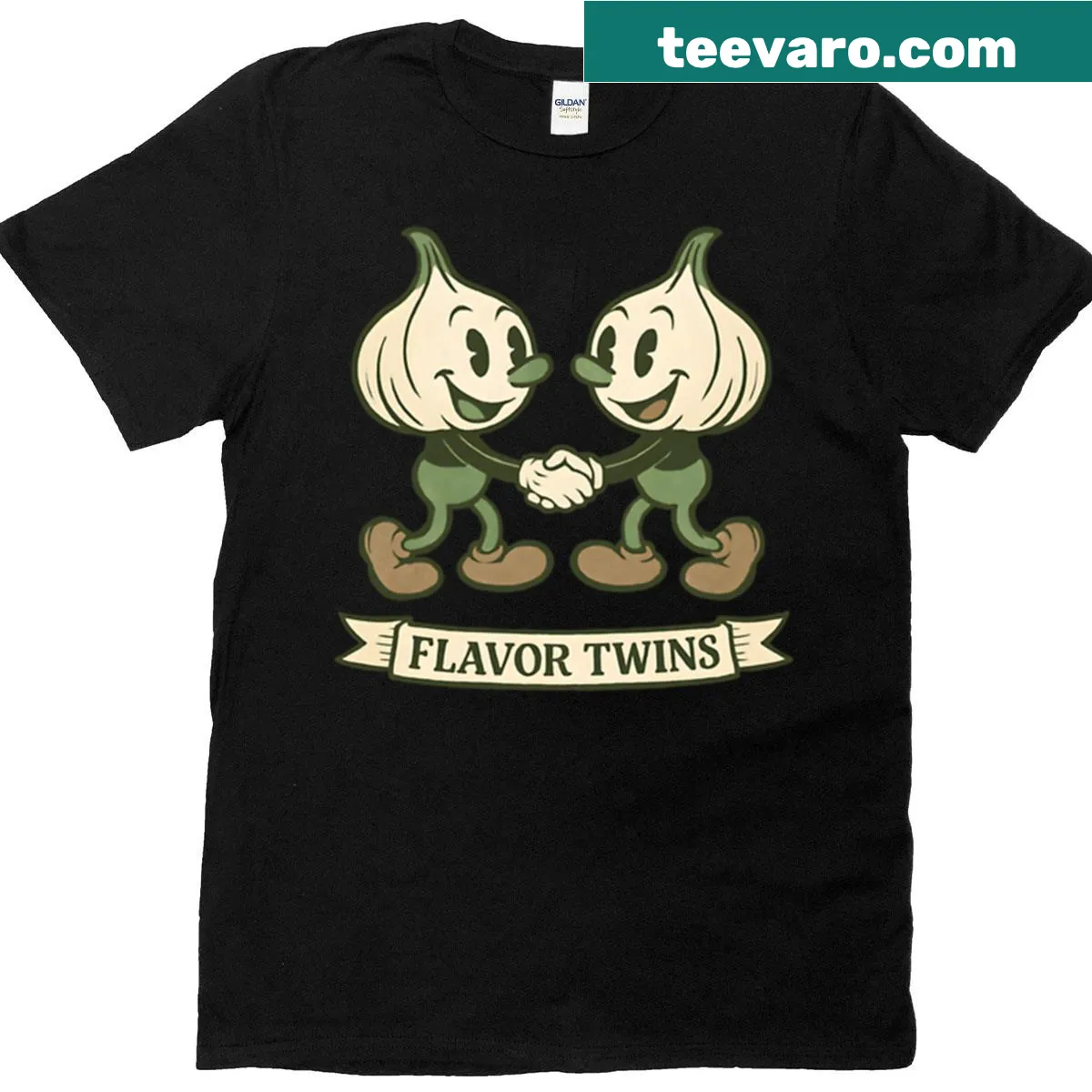 Vintage cartoon T-shirt featuring a duo of garlic characters — on a men's t-shirt