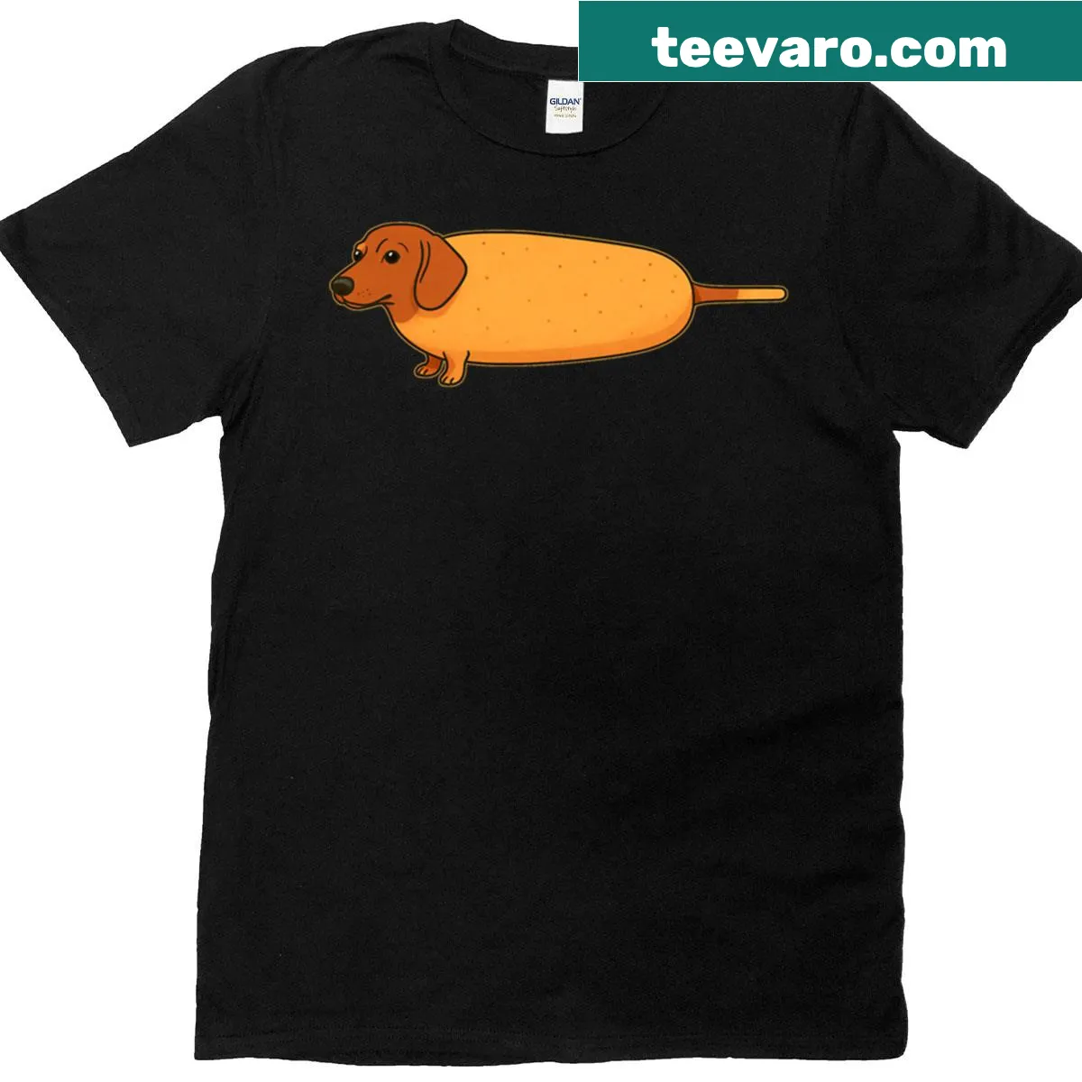 Humorous dachshund and corndog graphic t-shirt — on a men's t-shirt