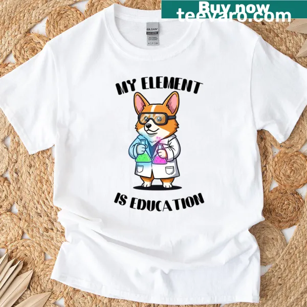 Cartoon of a science teacher with a pet in a lab coat on a t-shirt